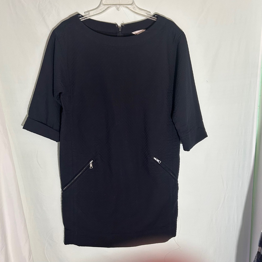 Gap Black Textured Shift Dress 3/4 Sleeve‎ Zipper Pockets Womens XS